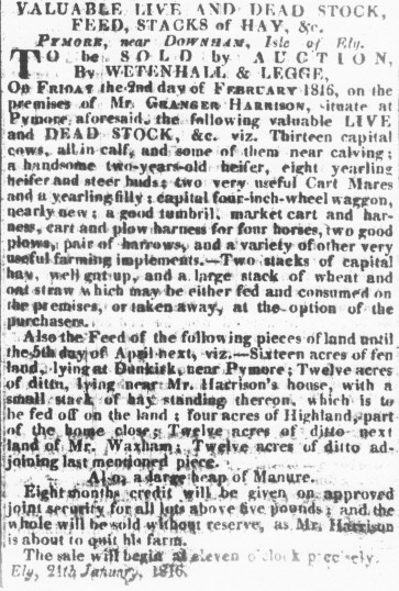 A Sale Notice for Dead and Live Stock belonging to Granger Harrison in 1816.