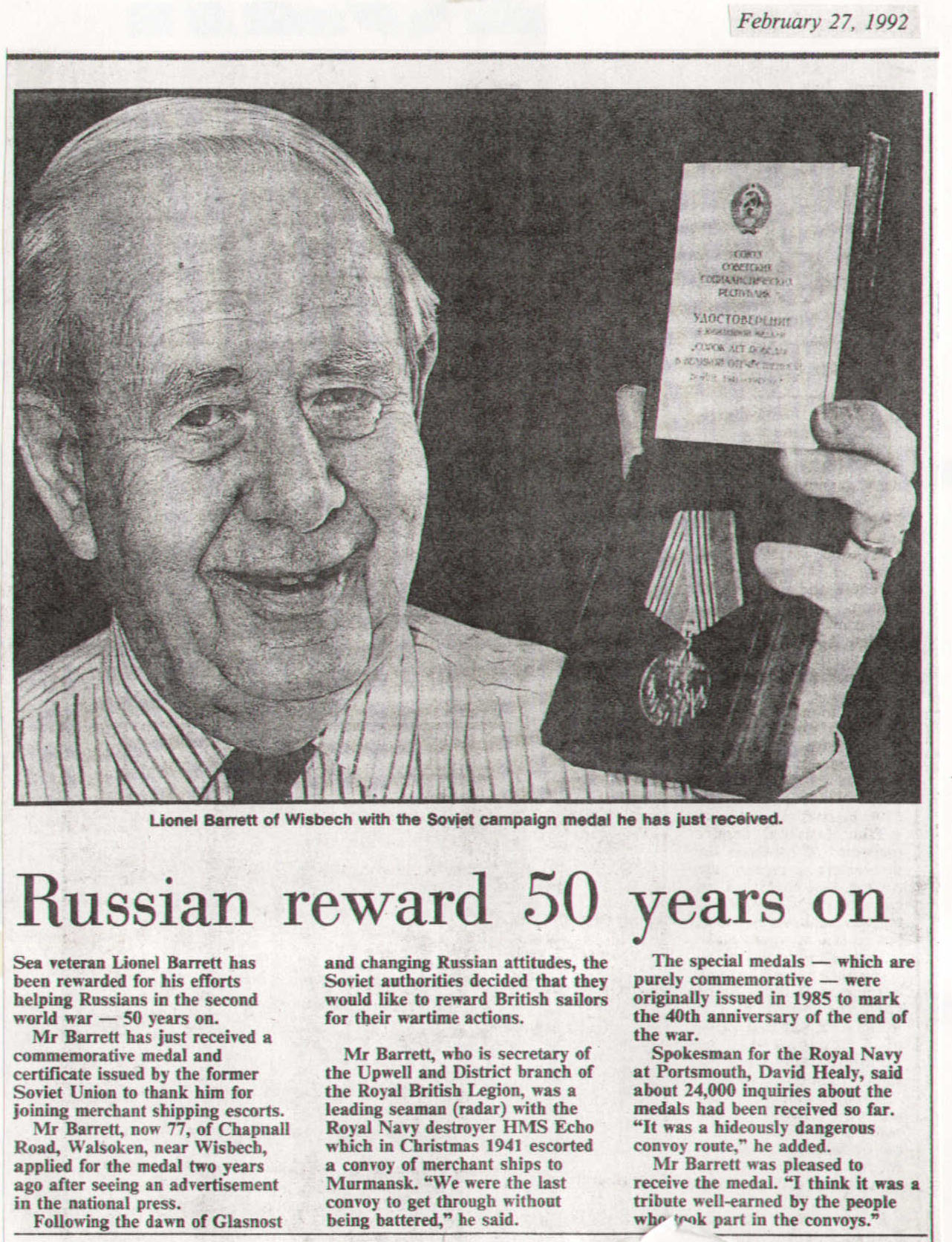 Local Wisbech Man Rewarded By Russia For Protecting Merchant Ships During The Second World War Copywritten Local Wisbech Man Rewarded By Russia For Protecting Merchant Ships During The Second World War Copywritten