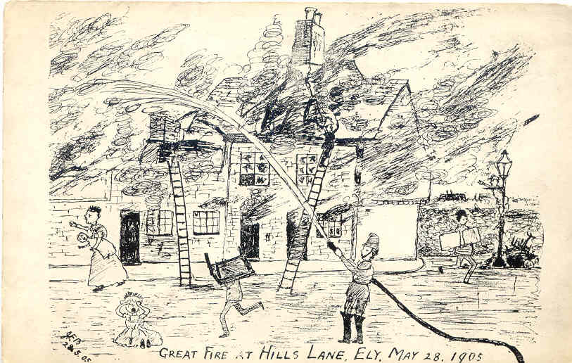 A Sketch By J F B Of A Fire On The Corner Of Hills Lane And West End Ephemera Newsworthy Ely