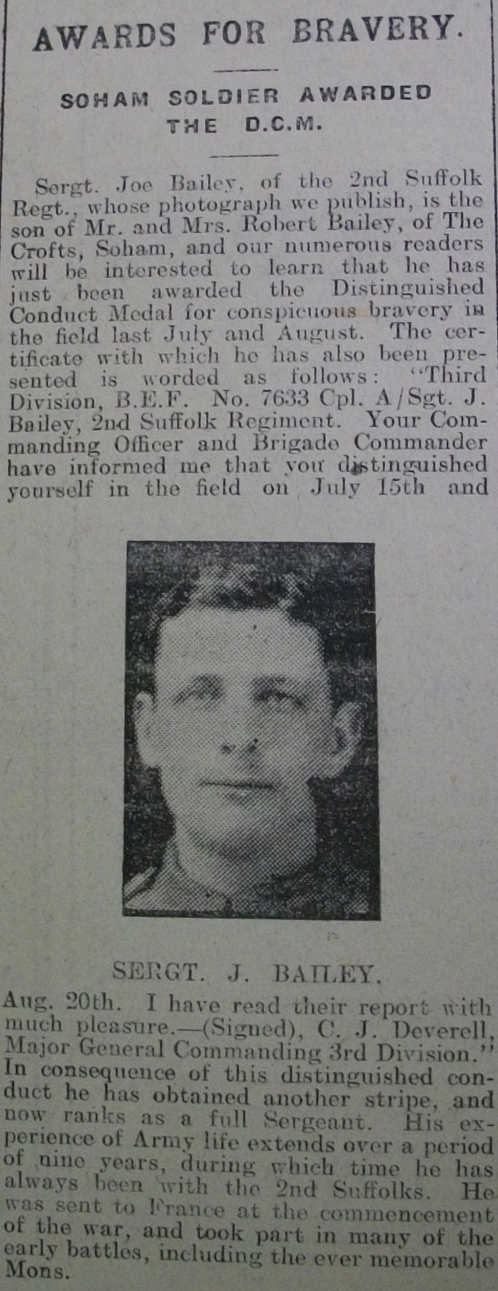 1916 Sgt J Tyrie Awarded DCM For Willingness In Dangerous Duty 