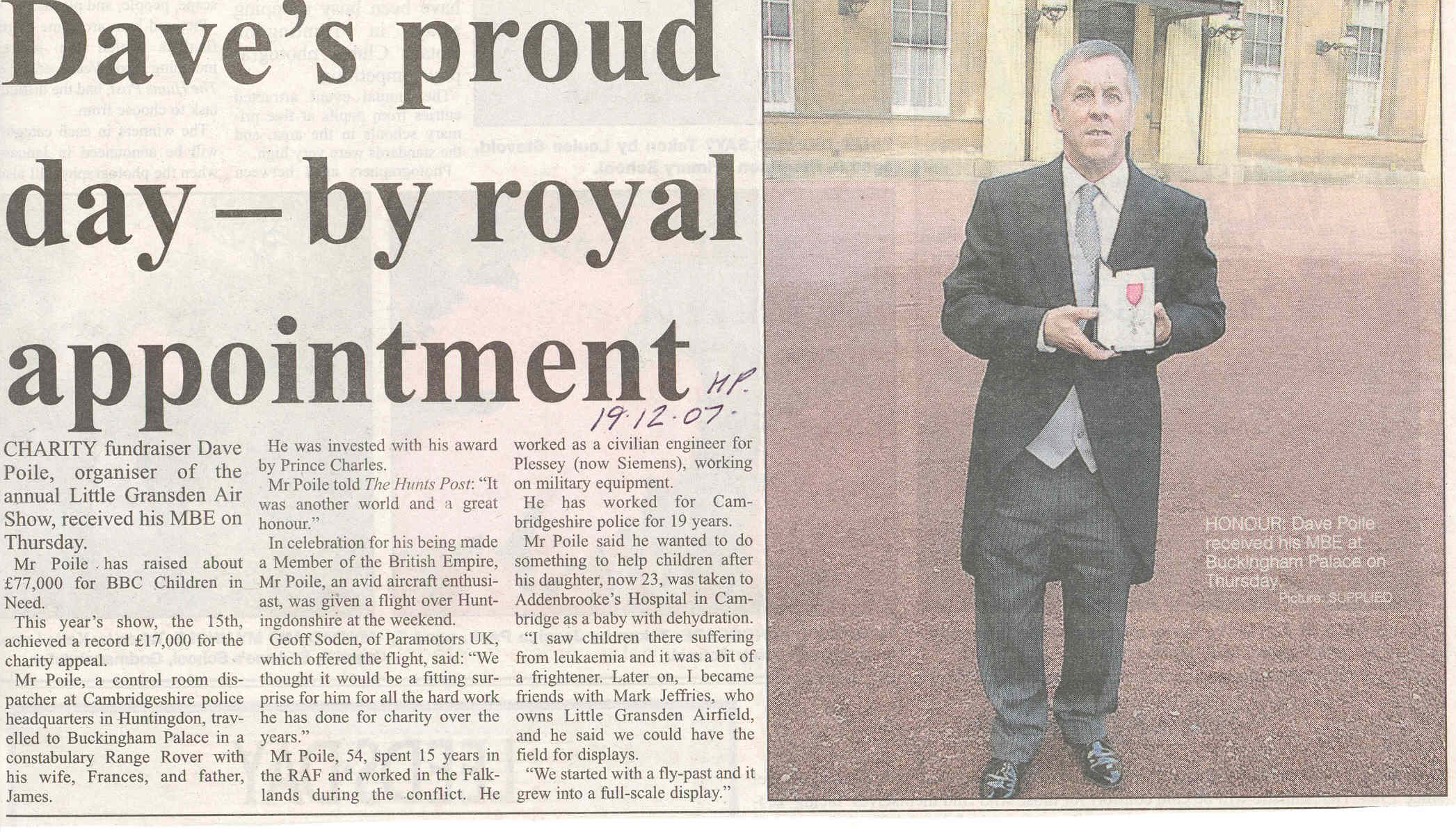 MBE for Dave Poile,Fund Raiser and Organiser of the Little Gransden air  show - source Hunts Post. | Individual, Male, Newsworthy | Huntingdon