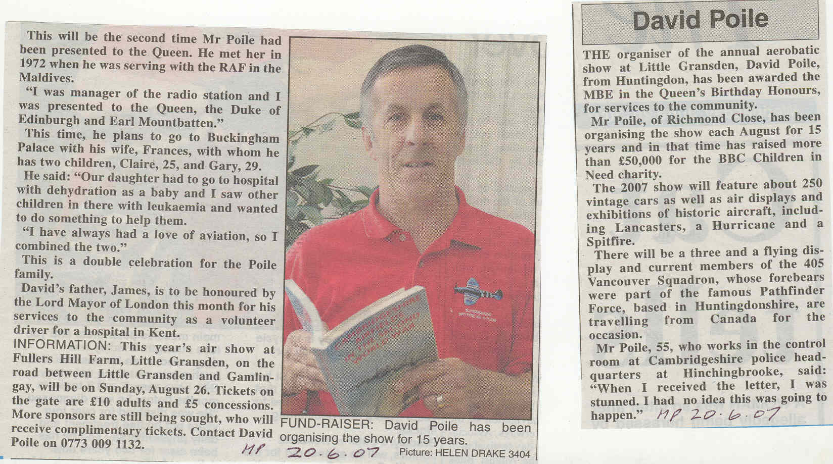 Dave Poile MBE. Fund Raiser and organiser of the Little Gransden Air Show.  Source Hunts Post. | Individual, Male, Newsworthy | Huntingdon