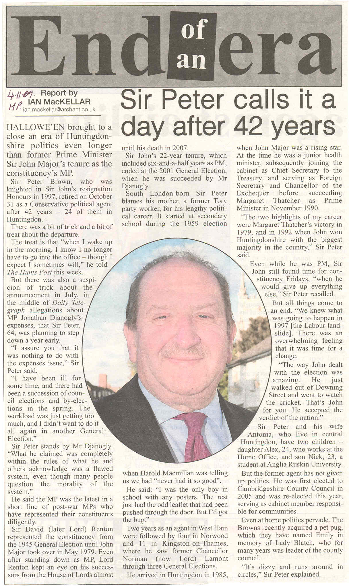 Retirement report on Sir Peter Brown, source Hunts Post. | Individual,  Male, Newsworthy | Huntingdon