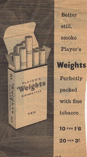 weight of cigarette Players Weights Cigarettes AdvertisementFrom 1968. Take note of the price.  | Leisure