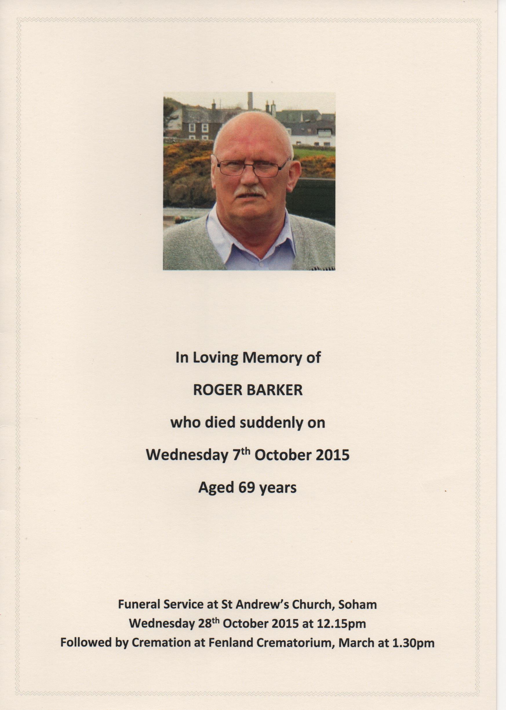 Funeral Service Sheet for Roger Barker who passed away on