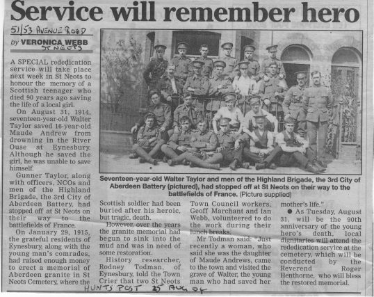Walter Taylor News Article Hunts Post 25th August 04 Individual Male Monuments And Memorials Newsworthy St Neots